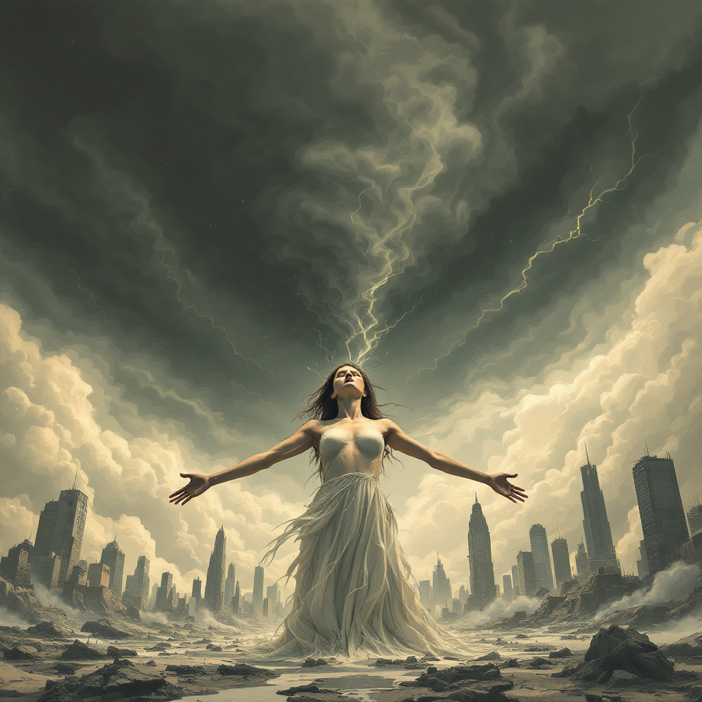 A woman in a flowing gown stands amidst a desolate cityscape, arms outstretched, as stormy skies and lightning underscore the quote, Crisis doesn’t create character, it reveals it.