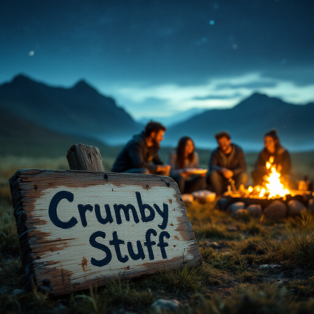 A wooden sign reading Crumbly Stuff stands in the foreground, with a group of four friends gathered around a campfire under a night sky in a mountainous landscape.