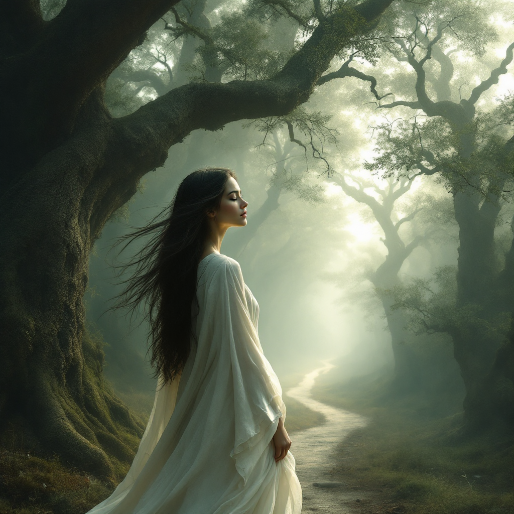 A woman in a flowing white dress stands in a misty forest, surrounded by ancient trees, embodying the essence of losing oneself in nature to discover deeper truths.