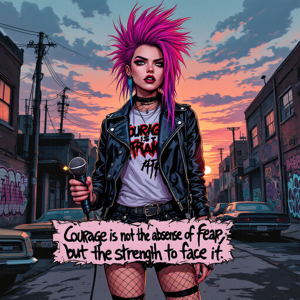 A rebellious figure with vibrant pink hair and a leather jacket stands confidently in an urban alley, holding a microphone. The quote Courage is not the absence of fear... is prominently displayed.