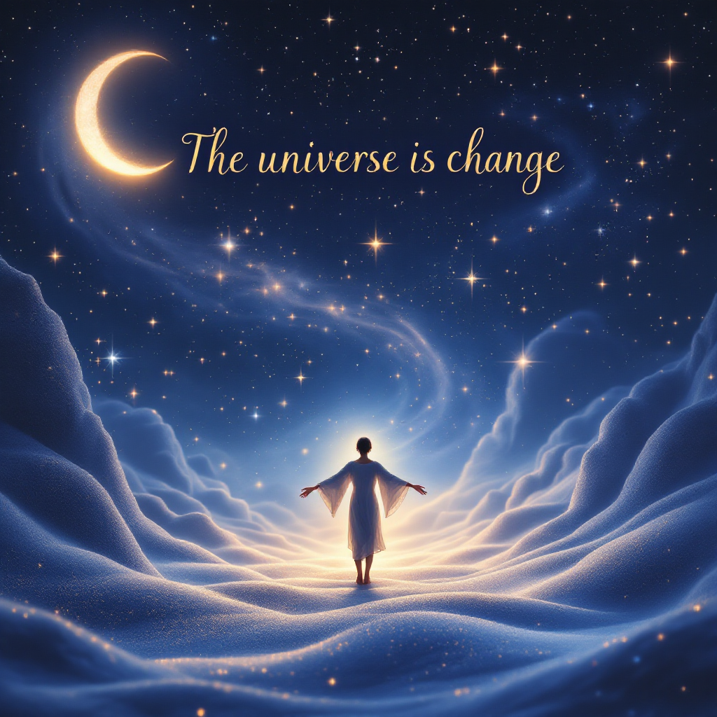 A serene figure stands amidst swirling clouds and stars, illuminated by a glowing light. The moon and the quote The universe is change beautifully complement the tranquil scene.