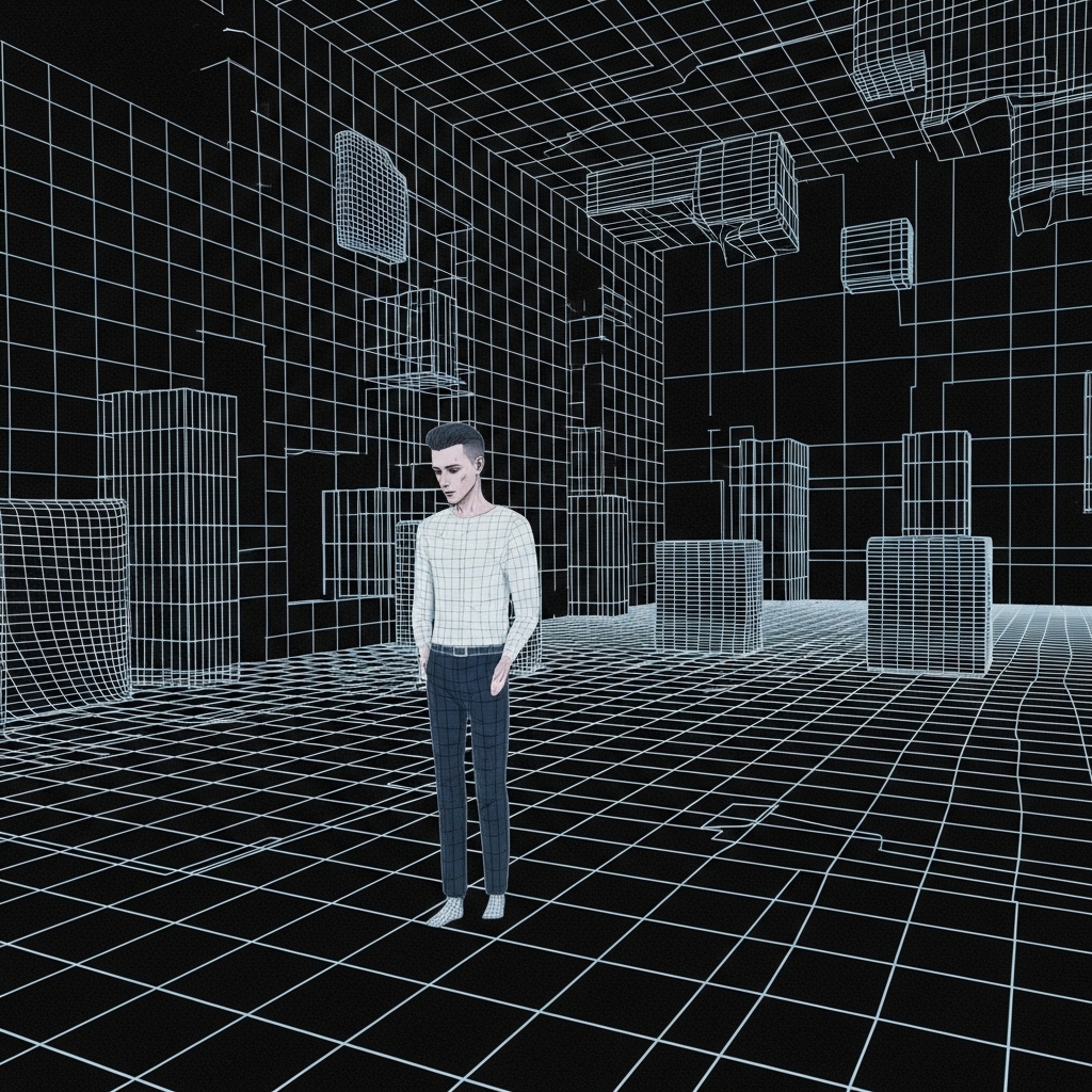 A solitary figure stands in a vast, grid-lined digital space, embodying a quiet emptiness and lack of satisfaction with existence.