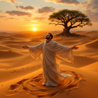 A figure in flowing garments stands on sand dunes at sunset, arms outstretched towards the horizon, embodying the theme of present choices shaping one's identity amidst a vast landscape.