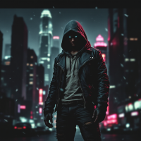 A figure in a dark hoodie and leather jacket stands confidently in a neon-lit cityscape, embodying the spirit of the quote, Sometimes, you must be your own hero.