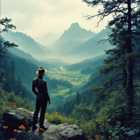 A figure in a suit and hat stands on a rocky outcrop, gazing over a misty valley framed by towering mountains and lush trees, reflecting the sentiment of wanting distance from the Faerie court.