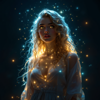 A woman with glowing hair surrounded by shimmering stars embodies the quote about embracing individuality and authenticity, showcasing a magical and ethereal presence.