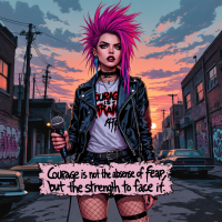 A rebellious figure with vibrant pink hair and a leather jacket stands confidently in an urban alley, holding a microphone. The quote Courage is not the absence of fear... is prominently displayed.