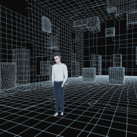 A solitary figure stands in a vast, grid-lined digital space, embodying a quiet emptiness and lack of satisfaction with existence.