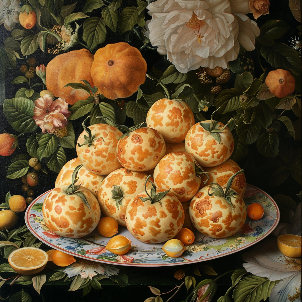 A plate of intricately designed breadapples is displayed, inspired by the quote eternal breadapples transmuted by a cook whose art I heartily praised, against a lush background of flowers and leaves.