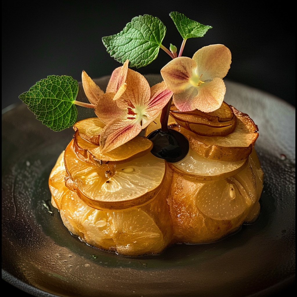 A gourmet pastry inspired by eternal breadapples from a book quote, beautifully plated with thinly sliced apples, delicate flowers, and green leaves on a dark plate.