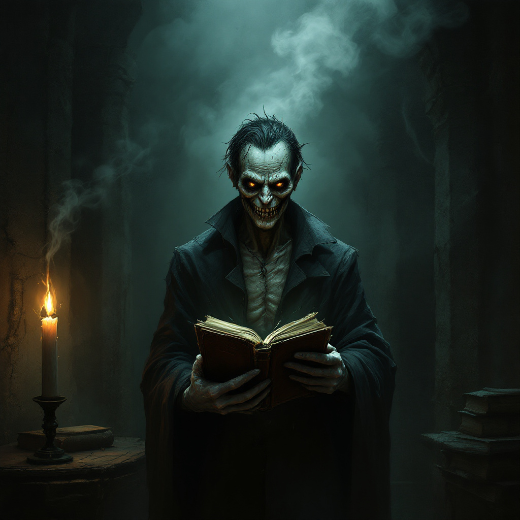 A haunting figure with skeletal features stands in a dimly lit room, holding an open book. Smoke swirls around, conveying a sense of foreboding and reflecting the quote, Violence is the last refuge of the incompetent.