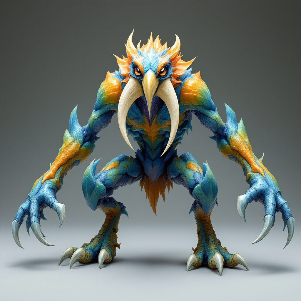 A colorful, muscular creature stands on four strong legs, featuring a beak, vibrant eyes, and two pairs of sturdy white tusks, embodying power and defense.