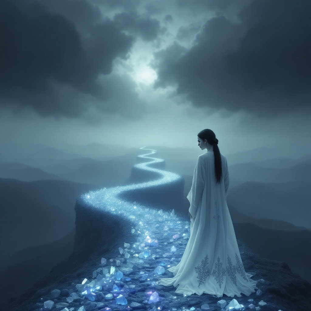 A figure in a flowing white gown stands at the edge of a cliff, gazing down a shimmering, winding path of gemstones leading into a misty, unknown landscape under swirling clouds.