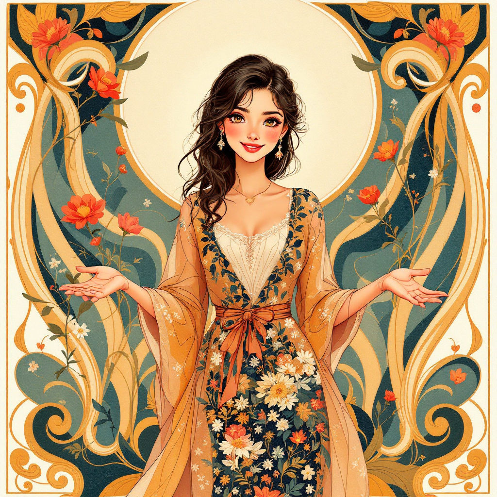 A confident young woman in a floral dress stands with open arms against a vibrant, ornate backdrop, embodying the spirit of the quote: To be a great player, you have to be a great person.