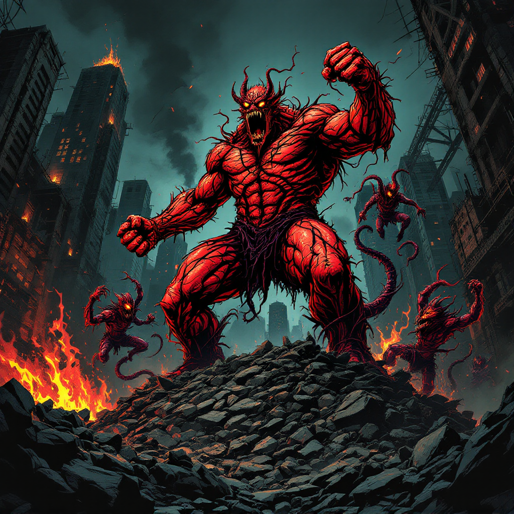 A towering red demon stands amidst a desolate urban landscape, surrounded by smaller demons, evoking a sense of inner and outer turmoil reflective of the quote about demons within and around us.