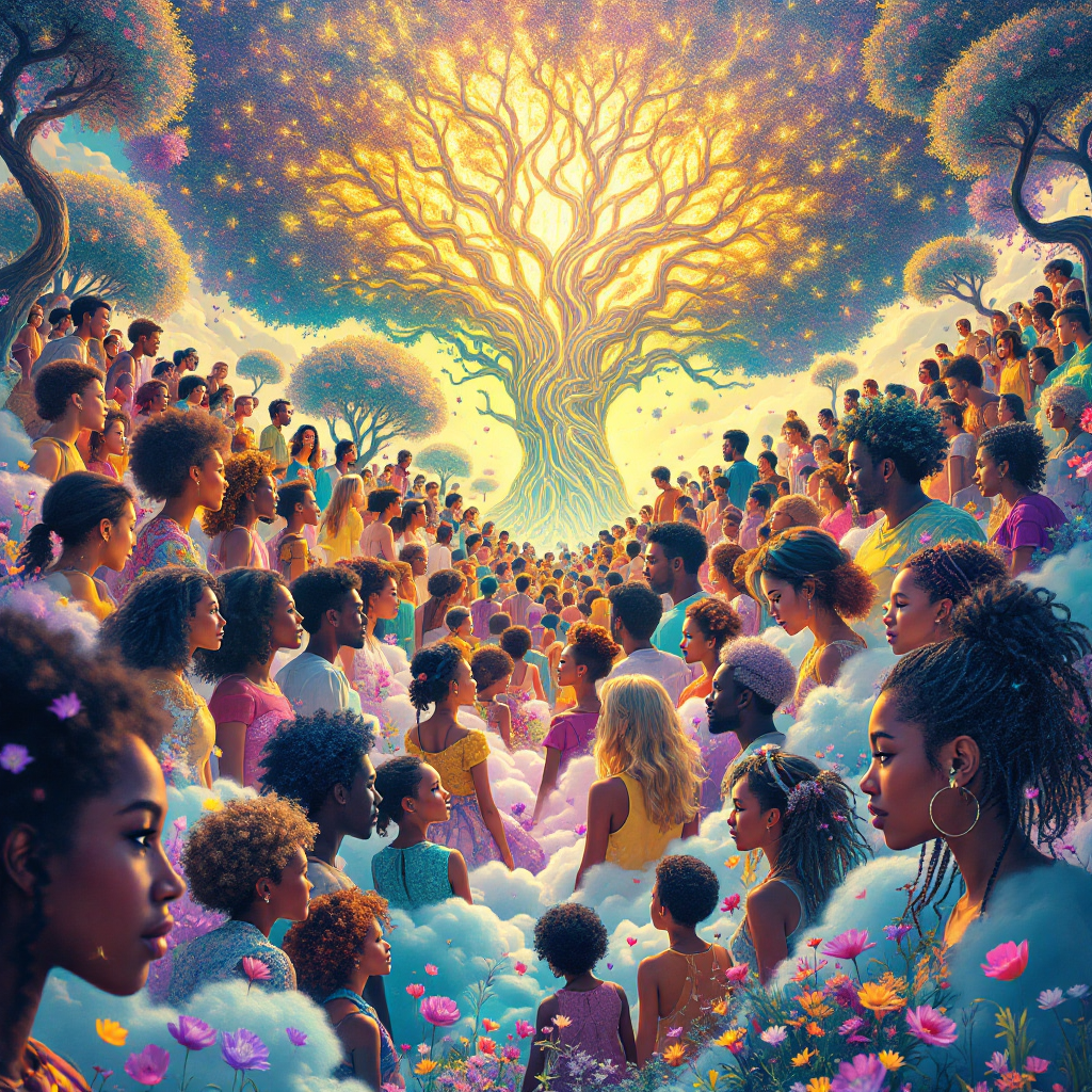 A vibrant scene depicting a diverse gathering of people surrounding a luminous tree, symbolizing unity, growth, and the power of collective storytelling for a better future.