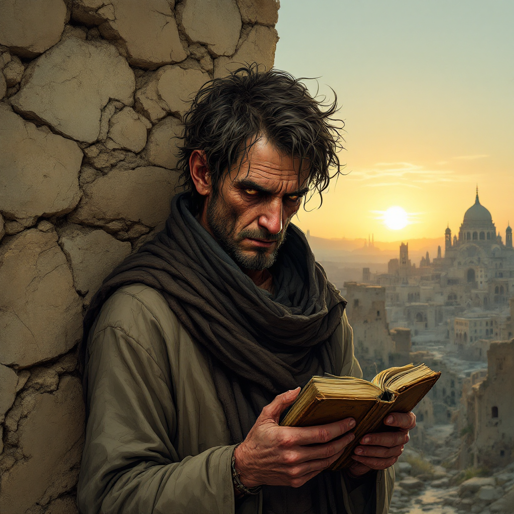 A contemplative man stands against a weathered wall, reading a book as the sun sets over a distant city. The scene reflects the quote, We are not the makers of history. We are made by it.