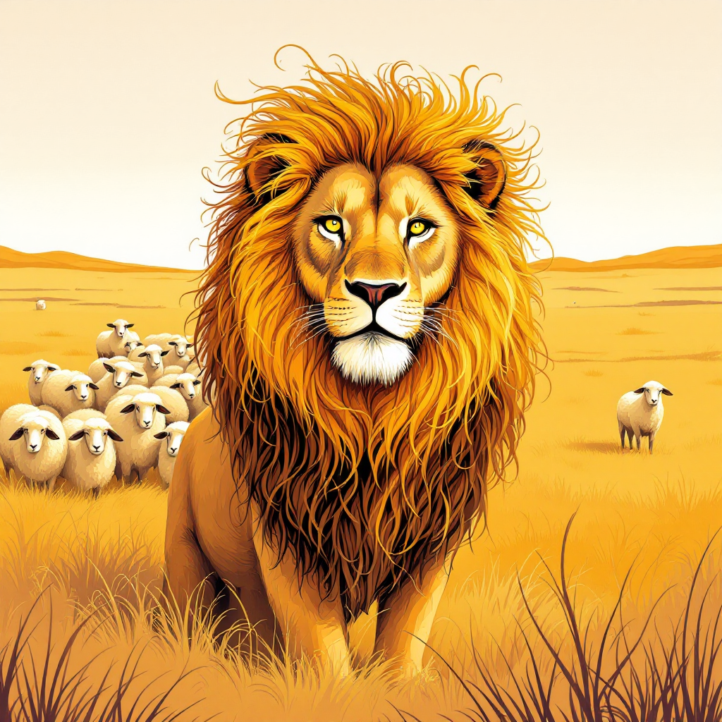 A majestic lion with a flowing mane stands confidently in a golden savanna, overlooking a flock of sheep, embodying the quote about a lion's indifference to sheep's opinions.