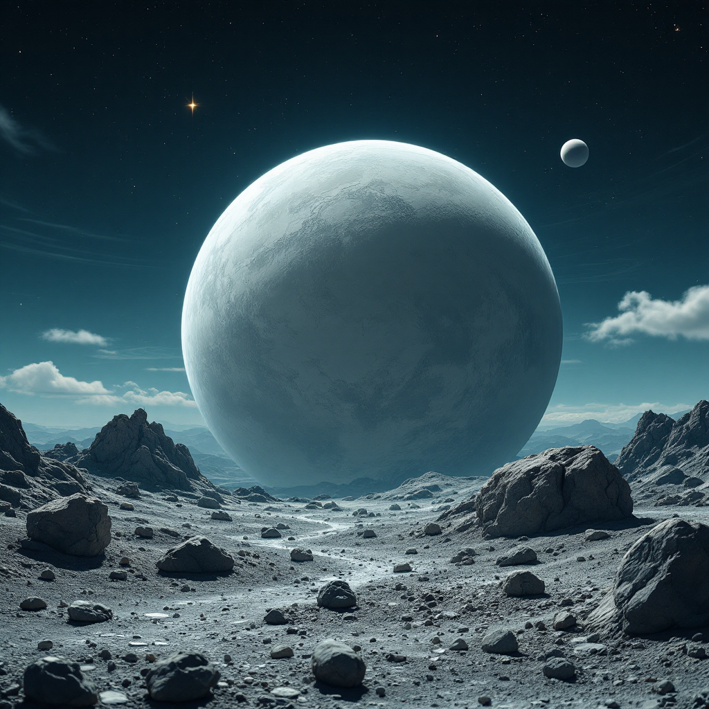A smooth, pale grey oblate spheroid planet orbits a sun-like star, surrounded by a barren landscape with no atmosphere or geographic features, under a starry sky.