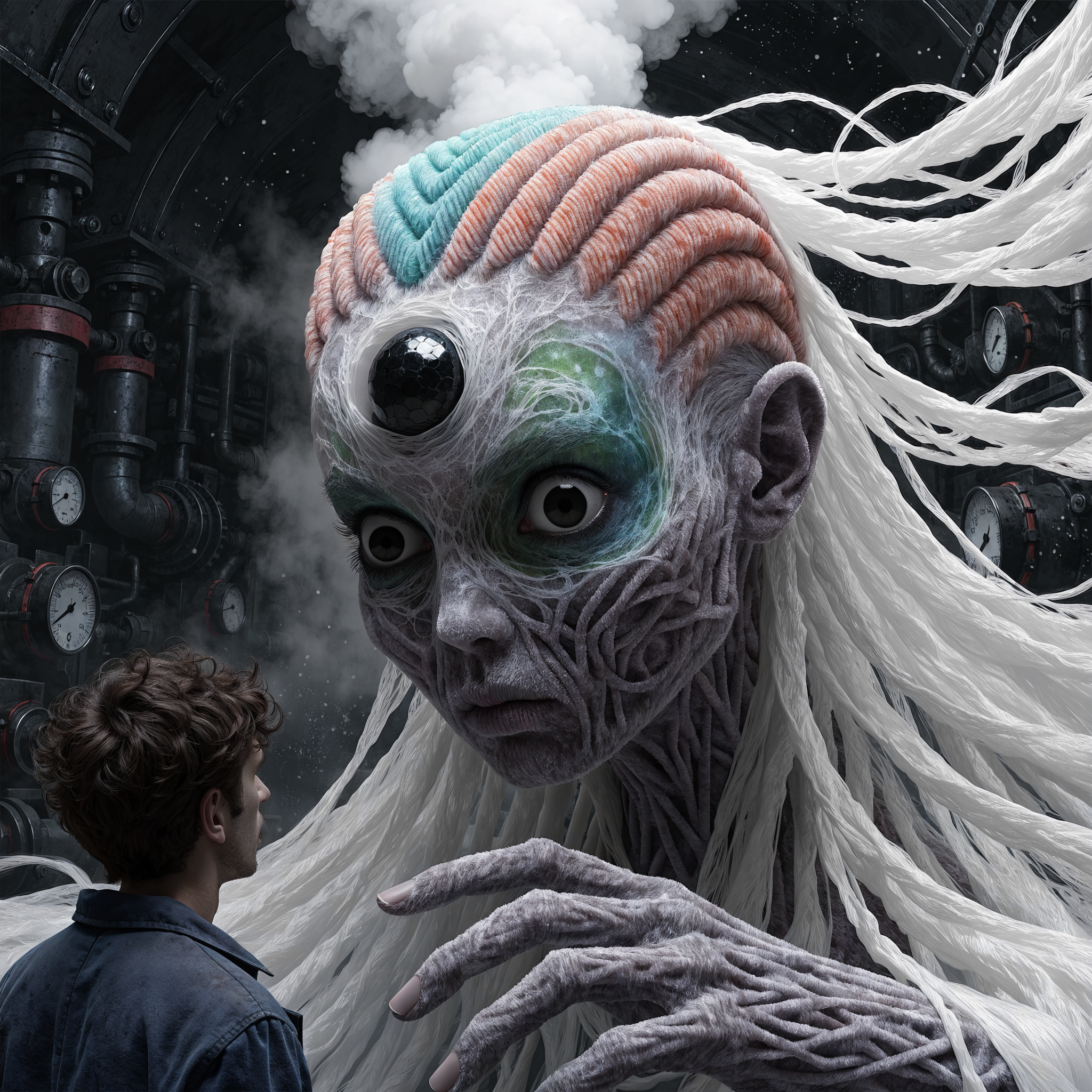 A tall, otherworldly figure with grayish-purple skin, intricate muscle-weave fingers, a jeweled black multifaceted eye on her forehead, black sclera eyes, and white hairlike ridges faces a small person.