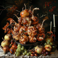 A bountiful display of artistically baked breadapples, mixed with grapes and pears, inspired by the quote: eternal breadapples transmuted by a cook whose art I heartily praised.