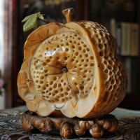 An artistic depiction of an intricately carved breadapple on a decorative stand, inspired by a book quote praising a cook's skill in transmuting eternal breadapples.