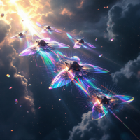 Five shimmering, winged crafts emerge from shadow into radiant light, their rotary wings reflecting vibrant rainbows against a backdrop of swirling clouds.