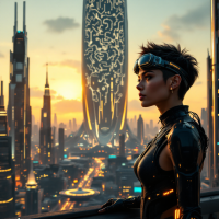 A futuristic woman in sleek attire gazes at a sprawling city skyline at sunset, embodying the essence of reason against a backdrop of towering structures and advanced technology.