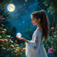 A girl in a flowing white dress gazes intently at a glowing crystal orb, surrounded by vibrant flowers and illuminated by a bright moon, embodying the essence of unseen consequences.