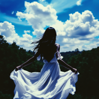 A silhouette of a woman in a flowing white dress stands with her back to the viewer, gazing at a blue sky filled with fluffy clouds, capturing a sense of beginnings and fleeting moments.