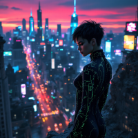 A figure in a glowing, high-tech outfit stands on a rocky ledge, gazing over a vibrant city skyline at sunset, embodying the resolve to accept their new reality.