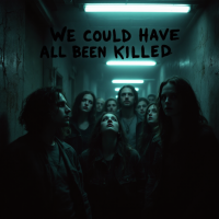 A group of people stands solemnly in a dimly lit corridor, gazing upward. Above them, the words We could have all been killed are prominently displayed.