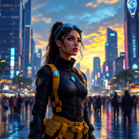 A determined woman in futuristic attire stands in a bustling cityscape at sunset, embodying the spirit of creating one's own future amidst towering skyscrapers and vibrant lights.