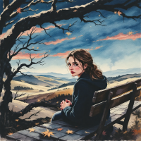 A young woman sits on a bench in an autumn landscape, gazing thoughtfully over rolling hills, embodying the theme of revisiting regrets for healing amidst a vibrant sunset.