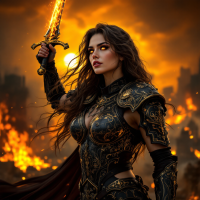 A fierce warrior stands confidently amidst a fiery landscape, brandishing a glowing sword. Her determined gaze reflects strength and unity, embodying the spirit of overcoming challenges together.