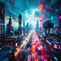 A vibrant, futuristic cityscape with towering skyscrapers and bustling streets, illuminated by neon lights, embodying the idea that the future is not a straight line, but a landscape.