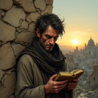 A contemplative man stands against a weathered wall, reading a book as the sun sets over a distant city. The scene reflects the quote, We are not the makers of history. We are made by it.