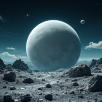 A smooth, pale grey oblate spheroid planet orbits a sun-like star, surrounded by a barren landscape with no atmosphere or geographic features, under a starry sky.