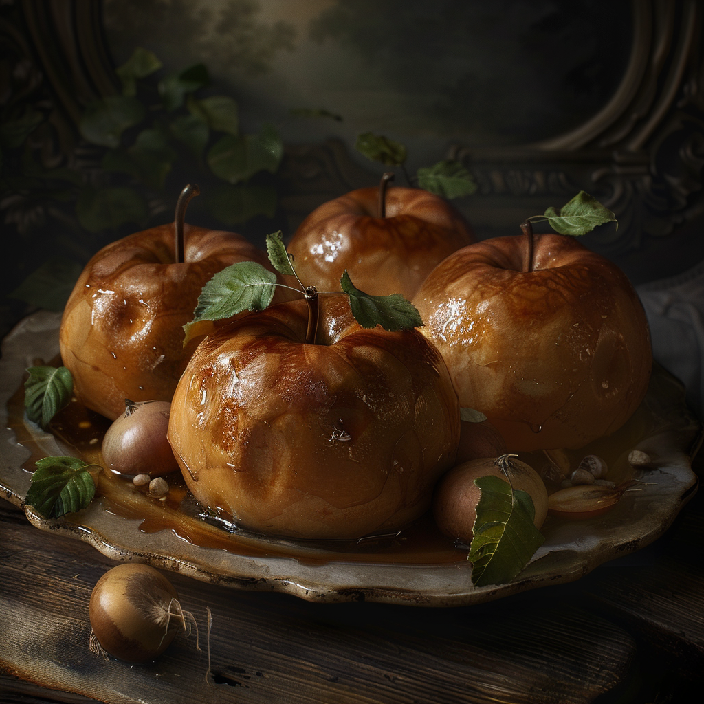 A plate of caramelized apples garnished with leaves, reflecting the artistry of a praised cook, inspired by the book quote on eternal breadapples.