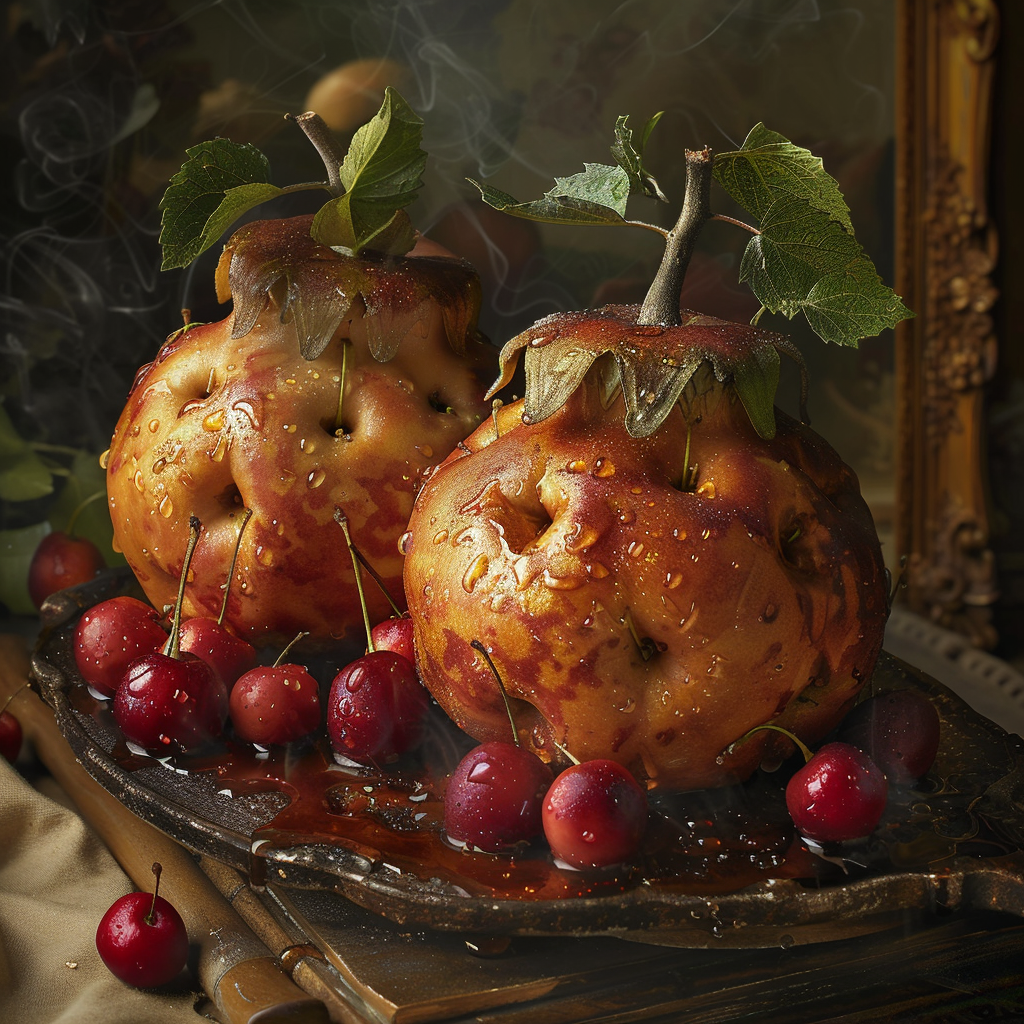 Two artistic, golden-brown breadapples garnished with leaves rest on a dark wooden platter, surrounded by vibrant red cherries, embodying the phrase, eternal breadapples transmuted by a cook.