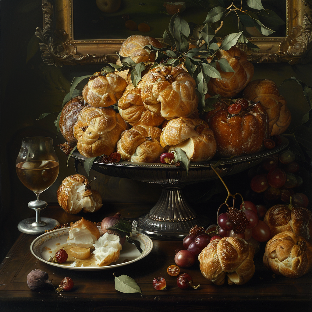 A lavish display of golden breadapples, artistically arranged on a pedestal platter, accompanied by a goblet of wine, grapes, and a partially eaten plate, evoking the praised culinary art from a book quote.