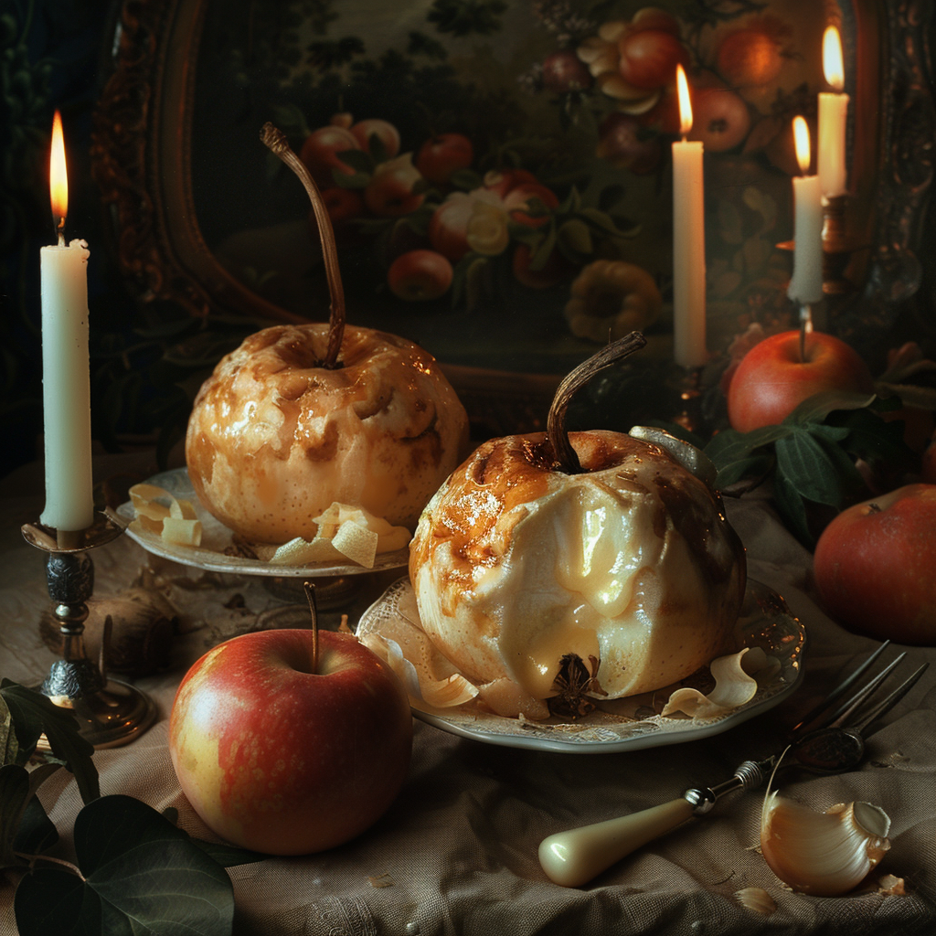 Two elaborately baked apples sit on elegant plates surrounded by whole apples, candles, and leaves. A painting of fruit in the background enhances the scene, inspired by the phrase eternal breadapples transmuted.