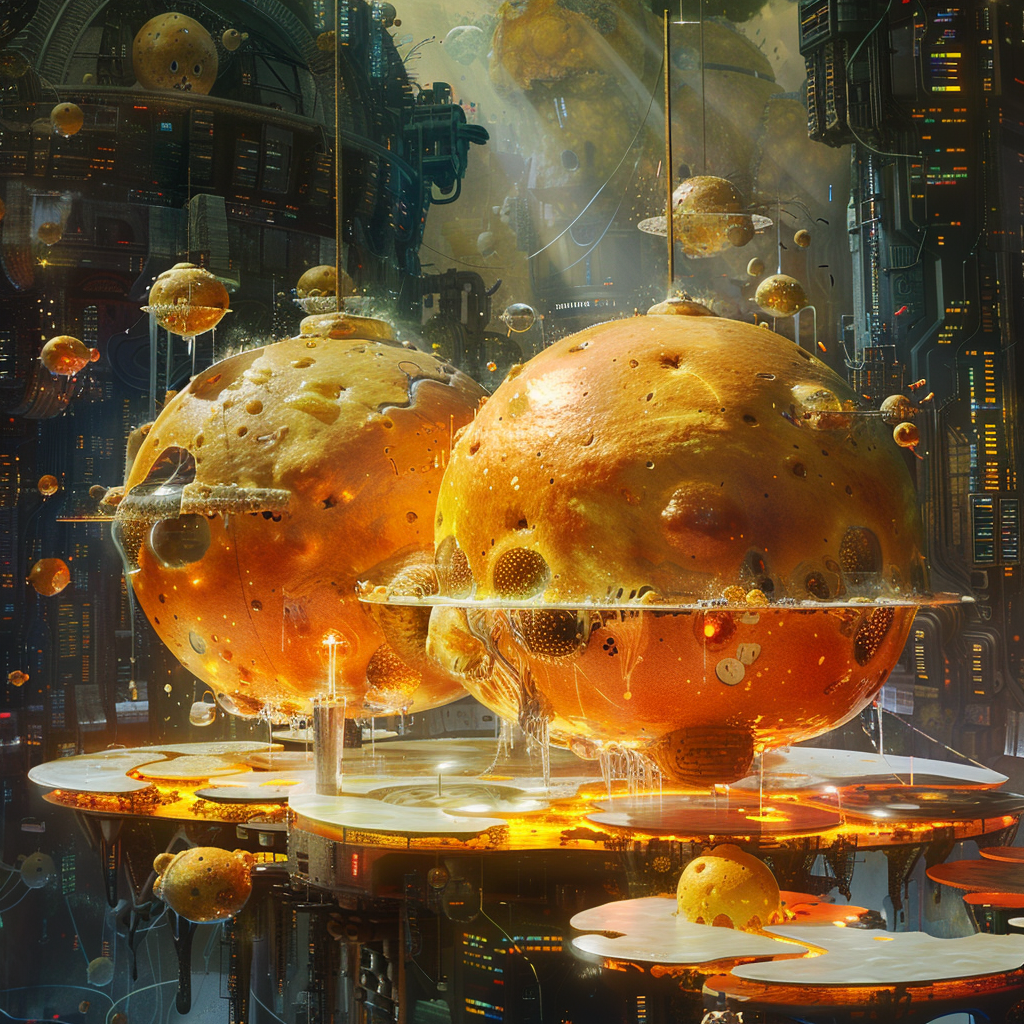 Futuristic cityscape with massive floating breadapples, inspired by the quote: eternal breadapples transmuted by a cook whose art I heartily praised. The breadapples look golden brown and otherworldly.