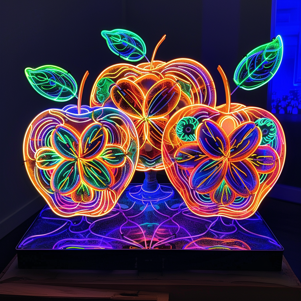 Neon artwork of three glowing breadapples with intricate designs and leaves, inspired by the quote about eternal breadapples transmuted by a praised cook's art.