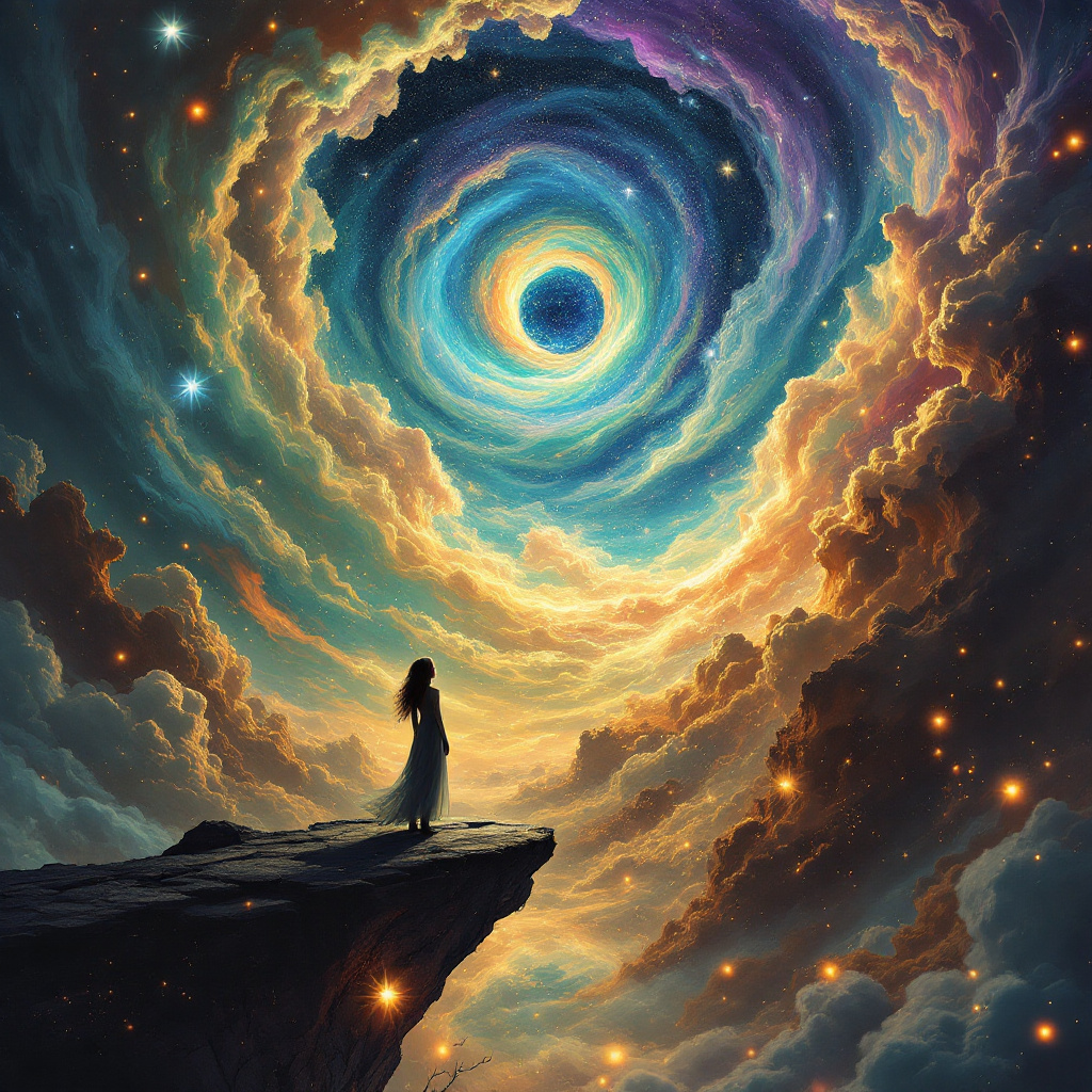 A figure stands on a rocky outcrop, gazing into a swirling cosmic vortex of vibrant colors and stars, evoking a journey of self-discovery and exploration of the unknown.