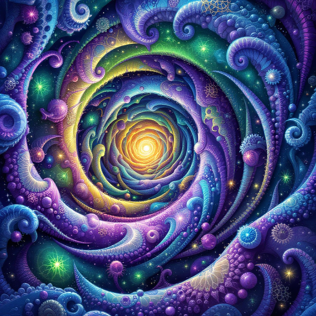 A vibrant cosmic swirl of purples, blues, and greens spirals toward a bright center, embodying the chaos of existence and the journey toward self-discovery.