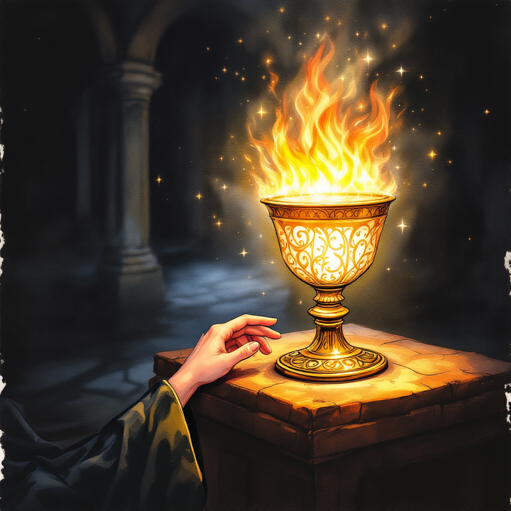 A glowing Goblet of Fire surrounded by flickering flames, with a hand reaching toward it. The scene evokes mysterious energy, reflecting the iconic quote about putting a name into the goblet.