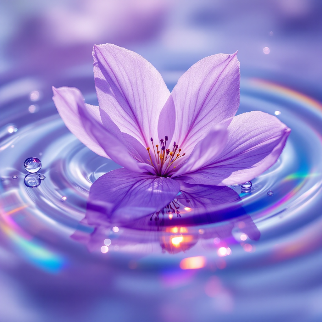 A delicate purple flower floats in shimmering water, surrounded by gentle ripples and soft reflections, evoking a sense of nostalgia and forgotten memories.