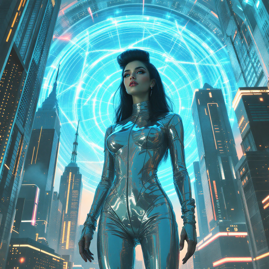 A confident figure in a sleek, futuristic outfit stands amidst a vibrant, neon-lit cityscape, embodying the freedom found in accepting one's fate. The background features dynamic, glowing patterns.