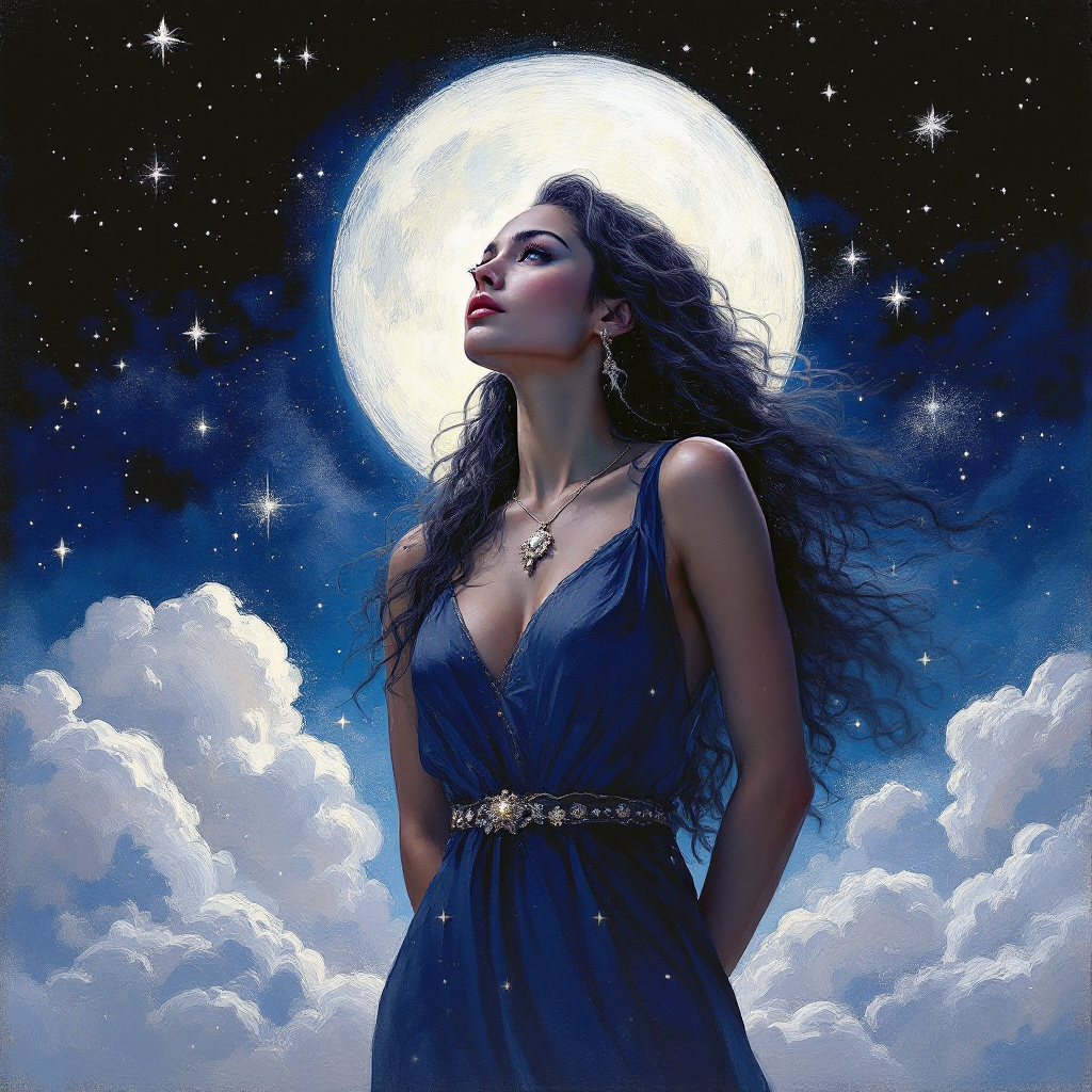 A woman in a flowing blue dress gazes up at a luminous full moon, surrounded by dreamy clouds and stars, embodying the courage to face the vastness of infinity.